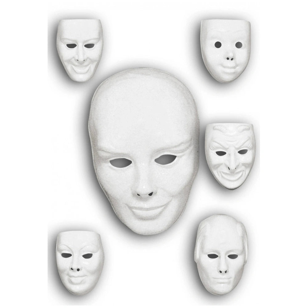 Five white adult paintable masks with a matte finish for creative fun and imaginative role-playing.