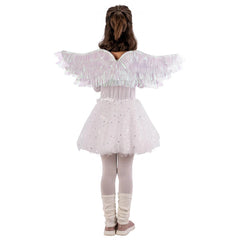 Angel costume set for girls featuring a white glittery dress, glittery wings, beige tights, and matching shoes for imaginativ