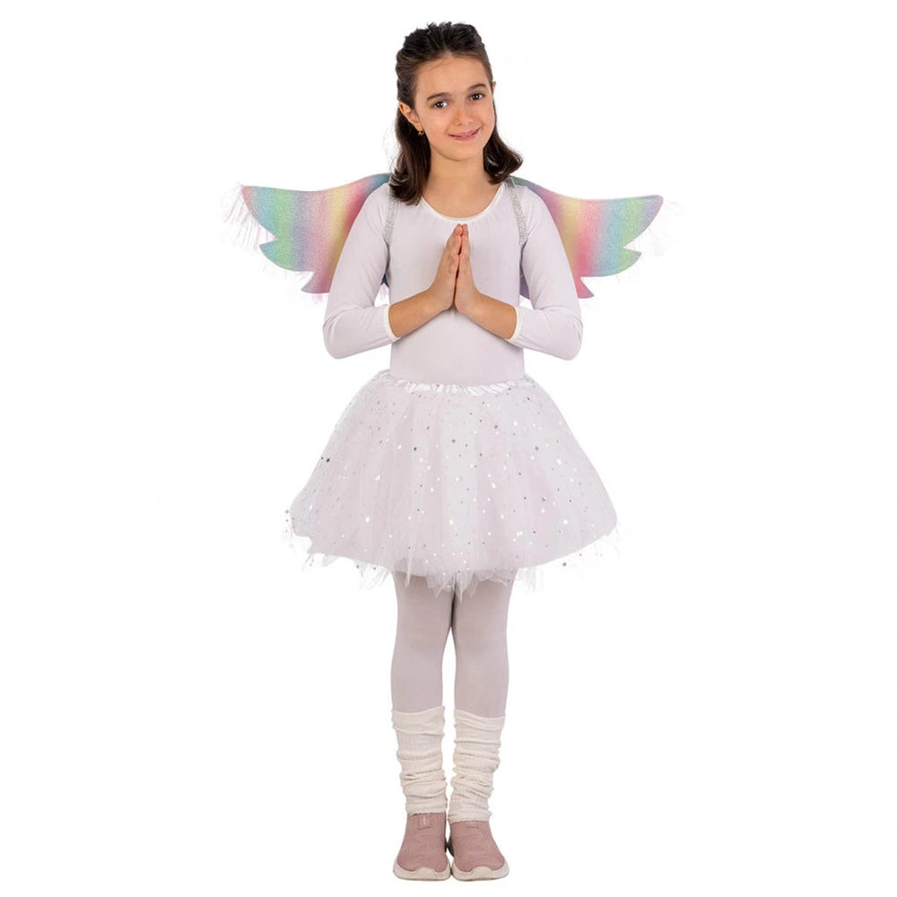 Carnival Toys angel costume set features a girl in a glittery white dress, tutu, wings, and boots for imaginative play.