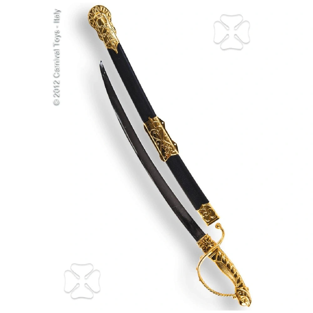 Black and gold sword with scabbard featuring gold decorations and two blades, perfect for pretend professions and role playin