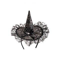 Black satin witch hat with ruffle, black bow, and silver ornament, perfect for dress up and imaginative play.