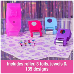 Cool Maker Shimmer Me Body Art Set includes crafting items like scissors, tape, and stickers arranged on a patterned table.