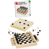 Dal Negro Tria Basic wooden board games set featuring two chess boards, black and white chess pieces, and red logo packaging.