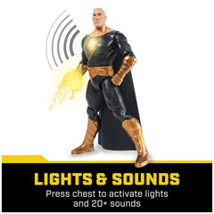 DC Comics Black Adam action figure stands dynamically in black and gold costume, showcasing lights and sounds features.