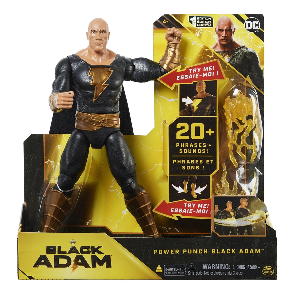 DC Comics Black Adam action figure in a glossy box, featuring a muscular design with black and gold costume accents.