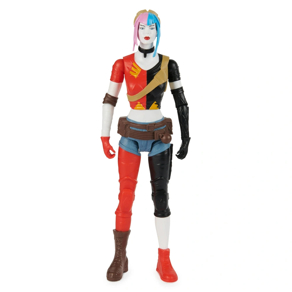Harley Quinn action figure features a glossy finish, vibrant outfit, and blue hair, standing against a plain background.