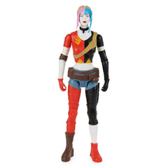 Harley Quinn action figure features a glossy finish, vibrant outfit, and blue hair, standing against a plain background.