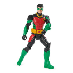 DC Comics Robin action figure stands upright with a muscular build, featuring black, green, and yellow accents against a whit