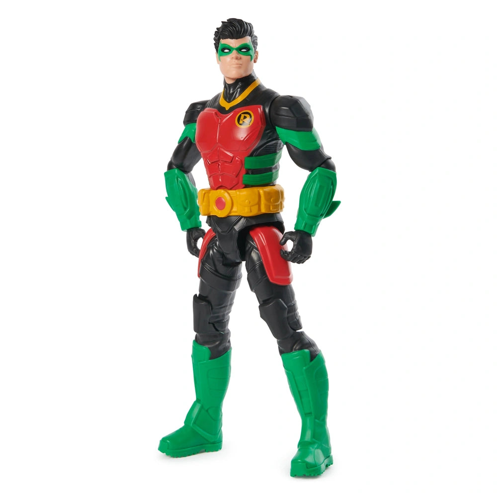 DC Comics Robin action figure stands upright, featuring a muscular build, cape, and vibrant green and yellow accents.