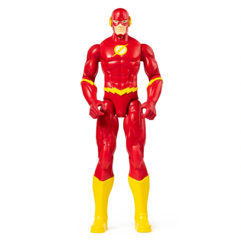 DC Comics The Flash action figure features a muscular build, red bodysuit, yellow boots, and a lightning bolt emblem on the c