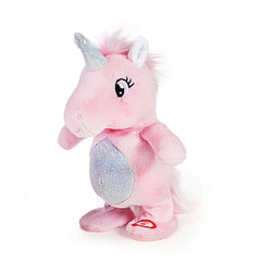 Pink unicorn plush toy with a glittery silver horn, black eyes, and soft fabric mane and tail, 20 cm tall.
