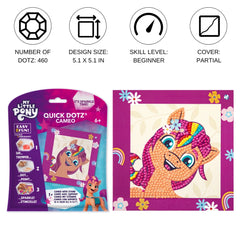 DIAMOND DOTZ Dotzies arts and crafts kit featuring a purple pony design with vibrant flowers on purple cardboard packaging.