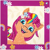Diamond Dotz Dotzies Create Your Own Sunshine diamond painting features a colorful beaded cartoon horse on a purple floral ba