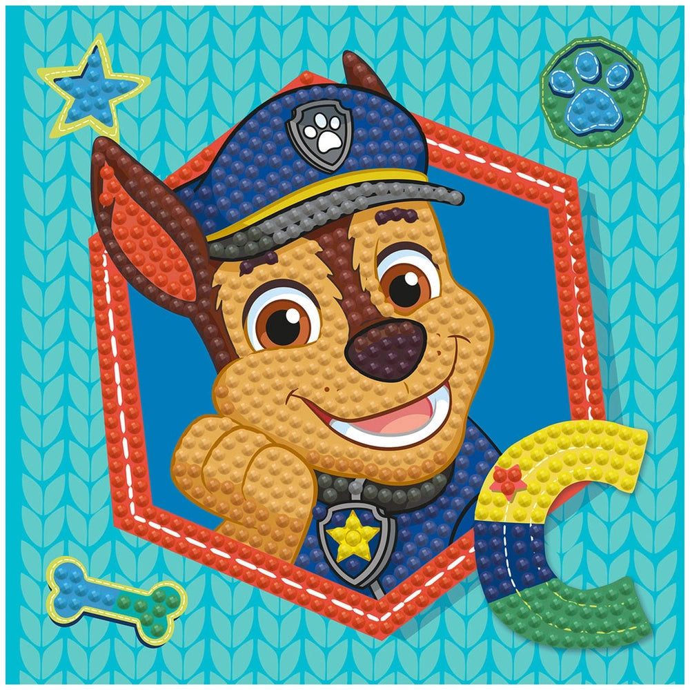 DIAMOND DOTZ Dotzies Paw Patrol Chase features a smiling brown-eyed dog in a blue hat and collar against a solid blue backgro