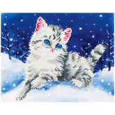 Kitten in the snow with white and gray fur, blue eyes, pink nose, and pink outlined ears, centered on a solid blue background