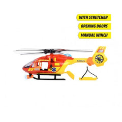 Dickie ambulance helicopter Airbus H145 in red and yellow plastic with lights and sounds features a single rotor and landing