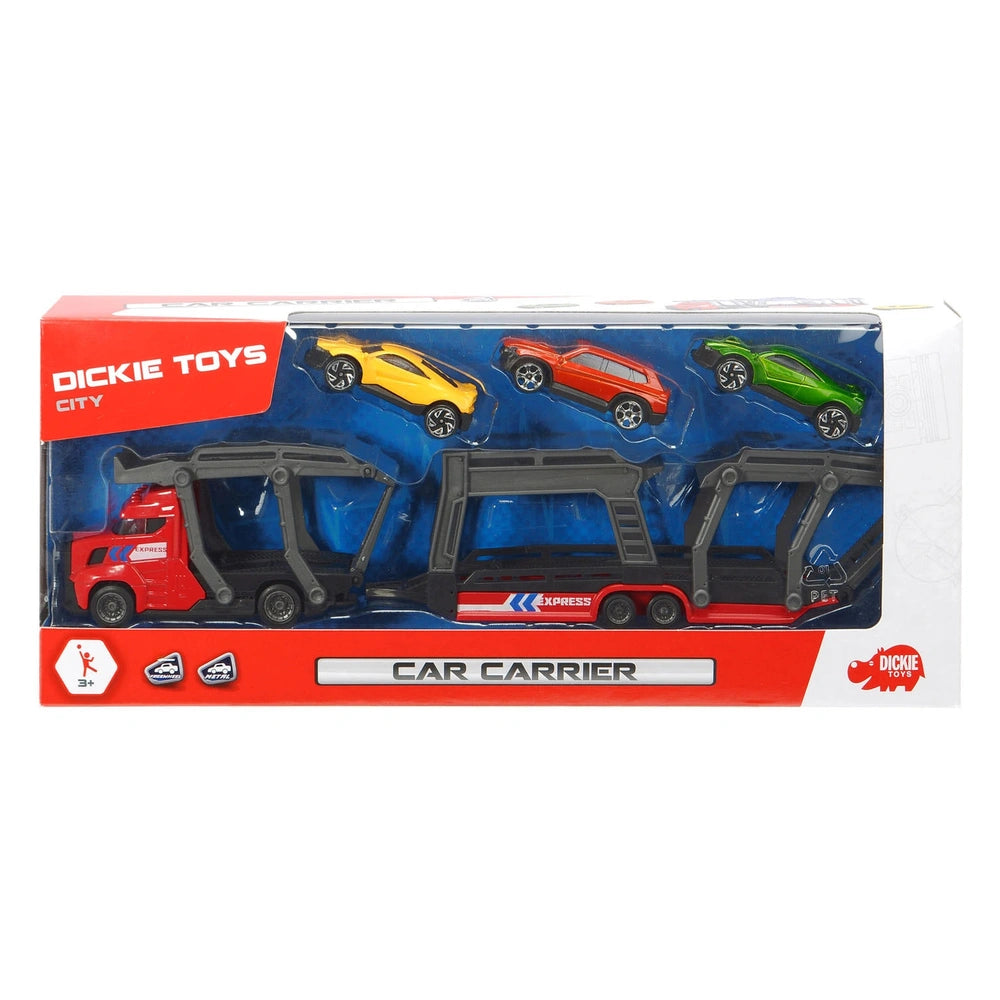 Dickie Car Carrier toy set featuring a gray carrier and four colorful cars in a red cardboard retail box.