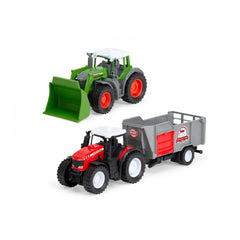 Dickie Farm-Set-Play-Vehicles features a red and black toy tractor with a green bucket and a gray trailer with red bed.