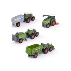 Dickie Fendt Micro Team play vehicle features a green and orange tractor with trailer, made of matte plastic on a white surfa