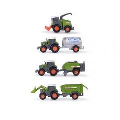 Dickie Fendt Micro Team Play Vehicles featuring a green toy tractor with orange wheels and a silver toy truck with a tanker a