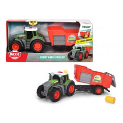 Dickie Fendt tractor with orange trailer in retail packaging, featuring various toy components in red, green, and black color