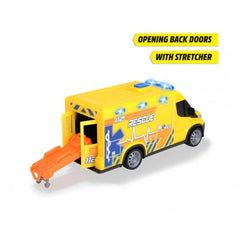 Dickie Iveco Daily Ambulance play vehicle features a yellow plastic body with a blue roof and multiple clear windows.