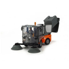 Dickie Kärcher street sweeper toy vehicle in black and orange, featuring transparent window and detailed plastic components.