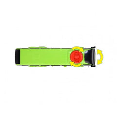 Dickie Lions Coach Flixbus play vehicle in glossy green plastic with a red button, yellow arrow, and black handle.