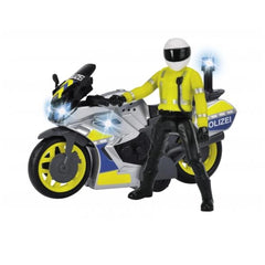 Dickie Police motorbike features a glossy yellow and blue plastic design with a matte helmet, black seat, and tires.