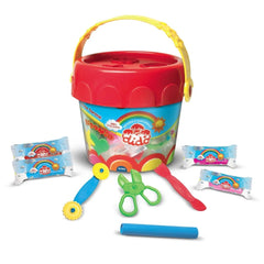 Didò First Shapes Modelling Dough Bucket featuring red plastic bucket, yellow handle, blue and green scissors, and clear wind