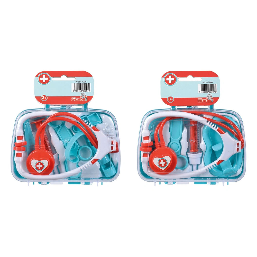 Doctor's case with accessories features two clear-lidded containers filled with red and white medical equipment for pretend p
