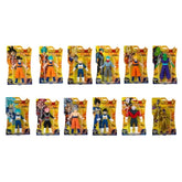 Dragon Ball Monster Flex action figures in colorful attire displayed on yellow retail packaging made of plastic and cardboard