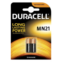 Duracell MN21 12V alkaline battery in glossy black packaging with white text promoting long-lasting power and guaranteed qual