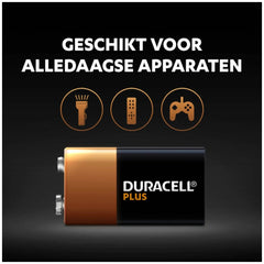 Duracell Plus 9V battery in black and gold with glossy finish, power button, charging port, and text for all devices.