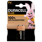 Duracell Plus 9V battery packaging features a pink bunny graphic, matte cardboard, and glossy plastic with warranty text.