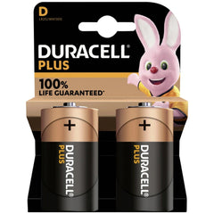 Duracell Plus-D K2 D Battery pack featuring two gold batteries with black caps and a glossy window on matte cardboard.