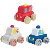 Eichhorn baby emergency car toy features a red body with yellow wheels, alongside a white and blue toy vehicle on a white bac