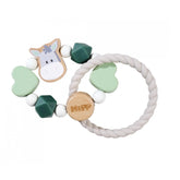 Eichhorn Baby HiPP Grapper features a wooden horse centerpiece, heart charm with "HIPP" engraving, and white cord bracelet.