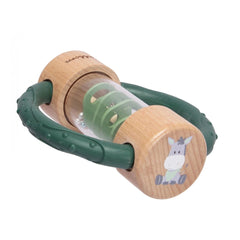 Eichhorn Baby HiPP Sound Rattle features a wooden body with a green handle and a clear plastic cylinder in the center.