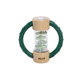 Eichhorn Baby HiPP Sound Rattle features a wooden base, green handle, and a clear cylinder filled with light-colored beads.