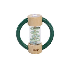 Eichhorn Baby HiPP Sound Rattle features a wooden base, green handle, and a clear cylinder filled with light-colored beads.