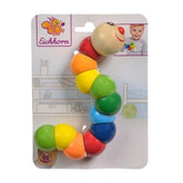 Colorful baby wooden caterpillar toy with a smiling face and rattle, displayed on a white background with brand name Eichhorn