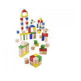 Eichhorn baby wooden colored blocks in vibrant hues arranged playfully, showcasing various geometric shapes and sizes.