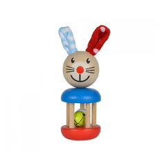 Baby wooden rattle rabbit features a blue body, red polka dot ears, and a yellow ball inside for playful engagement.