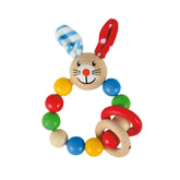 Eichhorn baby wooden teething ring in rabbit shape with fabric ears, plastic features, and colorful striped details.