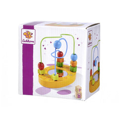 Eichhorn Beads Path toy features a colorful design with a central spindle, blue, red, green, and orange balls on a yellow bas
