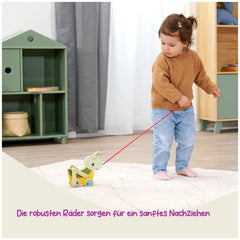 Colorful pulling grasshopper toy attached to a red string, held by a child in a brown sweater and blue jeans on a beige rug.