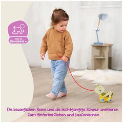 Colorful pulling grasshopper toy being held by a child in a brown sweater and blue jeans on a wooden floor.