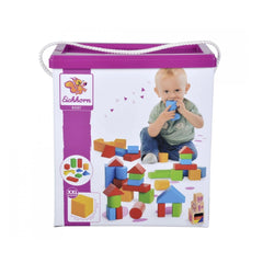 Eichhorn coloured wooden blocks sorting and stacking toys in a purple container with a plastic window, featuring a baby image