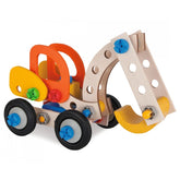 Wooden toy car with a simplistic design, featuring a bright orange body, yellow front, and black wheels with white centers.